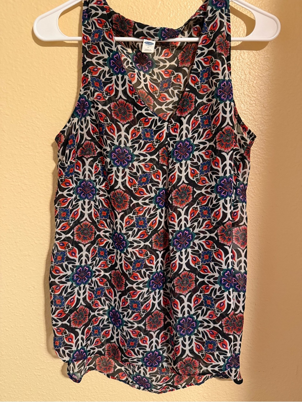 Old Navy Black Floral Sheer Button-Up Blouse with Multicolor Print